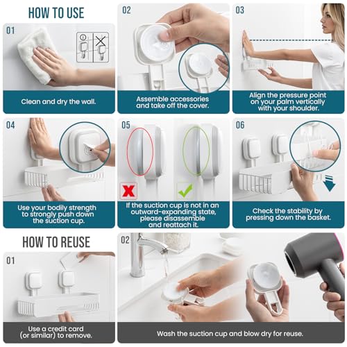 TAILI Shower Caddy Suction Cup 2 Pack,Stainless Steel Rustproof Shower Shelves,No Drilling Wall Mounted Basket,Large Capacity,Removable Suction Cup Bathroom Organizers & Home Decor, White - style: 2xWhite