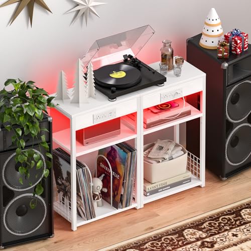 LELELINKY White Night Stand with Charging Station, Record Player Stand with USB Port and Type-C Port, 3 Tier Side Table with Vinyl Storage Shelf, End Tables for Bedroom Small Spaces - color: White, style: Upgraded (With Charger Station & LED Light)