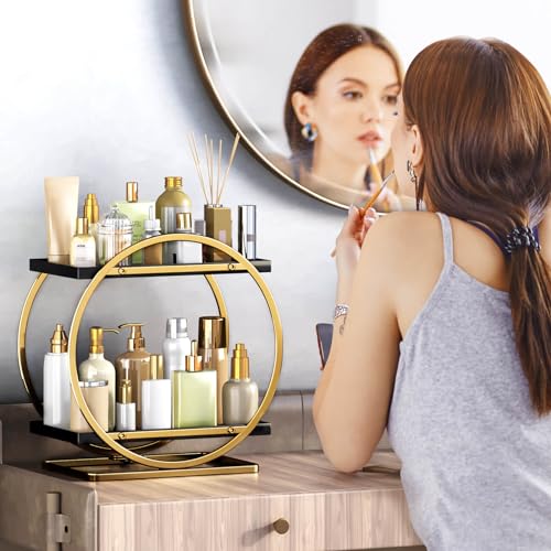 Makeup Organizer for Vanity, Black Gold Perfume Organizer for Dresser, 2-Tier Bathroom Countertop Organizers, Bathroom Counter Shelf Skincare Holder Perfume Tray Cosmetic Display - color: ‎black Gold, Circular