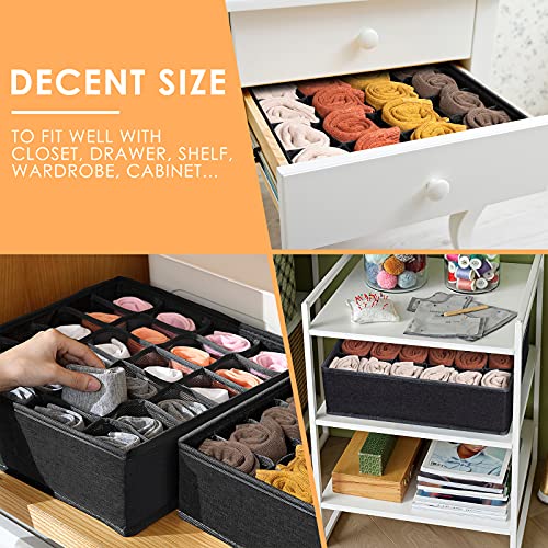 Criusia 3 Pack Sock Underwear Organizer Dividers, 64 Cell Fabric Foldable Cabinet Closet Organizers and Storage Boxes for Storing Socks, Underwear, Ties (16+24+24 Cell, Black) - color: Black, size: A - 3 Pack & 64 Cells