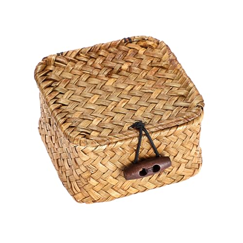 Hipiwe Handwoven Wicker Basket with Lid Desk Organizer for Remote Control Key Glass Coffee Color Seagrass Box for Decoration, Caramel Color 3.5" x 3.5" x 2" - color: Caramel color, size: 3.5" x 3.5" x 2"