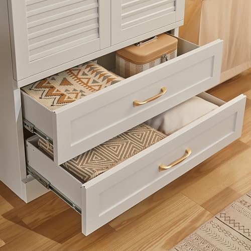 71" Freestanding Metal Wardrobe Closet with Drawers and Hanging Rod, Modern Steel Armoire for Bedroom Storage - color: Modern Cozy-white