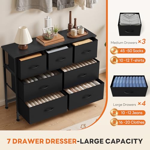 Sweetcrispy 7 Drawer Dresser with Fabric Bins Fabric Storage Tower Organizer for Bedroom Closet Hallway Entryway Tall Chest of Drawers with Steel Frame Wood Top Easy Pull Handles,Black - color: Black, size: 11.8"D x 39.3"W x 30.3"H (7 Drawers)