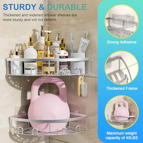 Corner Shower Caddy, 2 Pack Adhesive Bathroom Shower Corner Organizer Shelf, No Drilling Rustproof Wall Mounted Shower Storage Rack Shampoo Holder Organizer (Silver) - color: Silver
