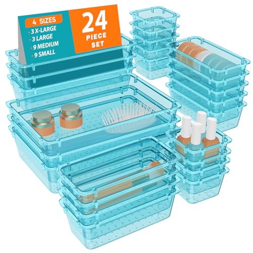 WOWBOX 24 PCS Plastic Drawer Organizer Set, 4 Sizes Desk Drawer Organization and Storage Containers for Makeup, Cosmetics, Jewelry and Gadgets in Kitchen, Bathroom, Bedroom, Office, Clear Sea Blue - color: Sea Blue, size: 24 PCS