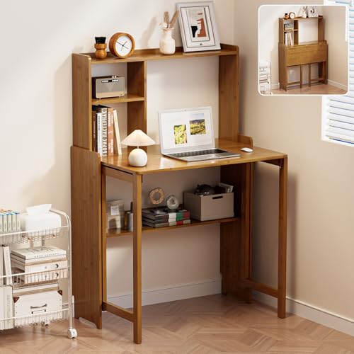 Bamboo Folding Desk for Small Spaces with Storage, Mid Century Foldable Desk with Bookshelf, Small Desks with Storage for Home Office Bedroom, Brown - color: Brown, size: 21.65"D x 40.55"W x 29.92"H