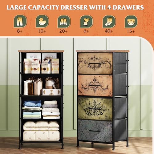 WLIVE Dresser with 4 Drawers, Storage Tower, Organizer Unit, Fabric Dresser for Bedroom, Hallway, Entryway, Closets, Sturdy Steel Frame, Wood Top, Easy Pull Handle, Pattern - color: Pattern