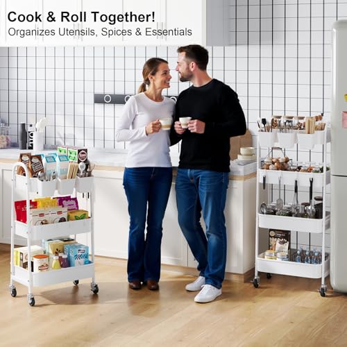 White 4 Tier Rolling Cart Metal with Wheels, Heavy Duty Utility Storage Organizer Carts on Wheels, Four Tiered Roller Cart for Kitchen, Book, Snack, Craft, Art, Dorm, Large Capacity Basket, 38in Tall - color: Simple White, size: 4 tier