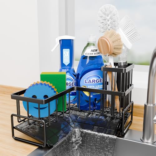 Fikoksol Large Sponge Holder for Kitchen Sink, 90-Degree Sink Caddy Organizer with Drain for Kitchen Countertop Corner, Metal Rust Proof Soap Sponge Dish Brush Sink Rack Holder Kitchen Storage Ideas