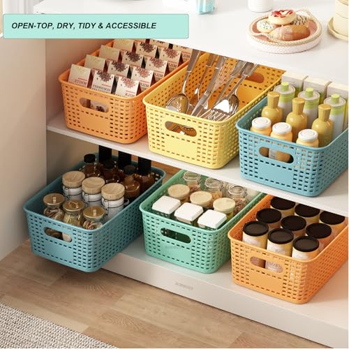 Plastic Storage Basket for Organizing 12 Pack Small Colored Storage Bins Container for Shelves, Colorful Shelf Baskets with Handles for Organization - color: Colorful