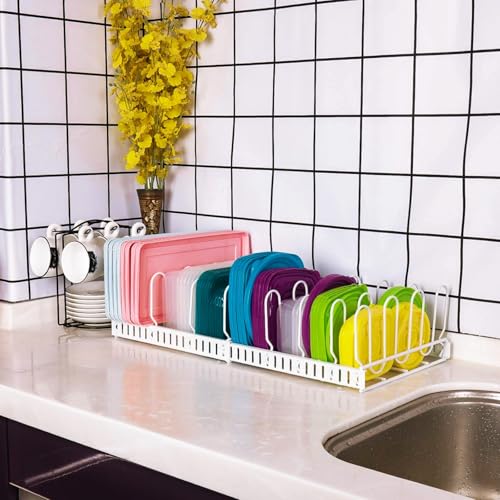 X-cosrack Expandable Food Container Lid Organizer,Large Capacity Adjustable 10 Dividers Detachable Lid Organizer Rack for Cabinets, Cupboards, Pantry Shelves, Drawers to Keep Kitchen Tidy,White - color: White
