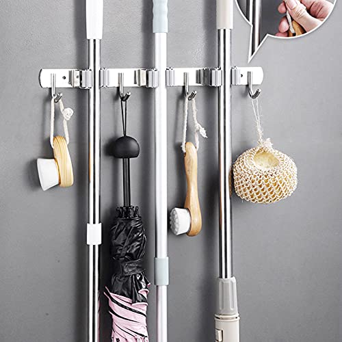 Broom Mop Holder Wall Mount Cleaning Tool holder, Heavy Duty Stainless Steel Broom Hanger Rack Hook Organizer, Garage Storag Racks wall Mounted Broom Hanger for Home, Kitchen, Garden, Garage, Landry