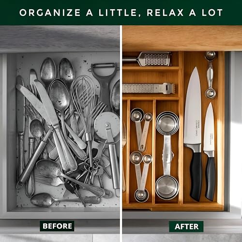 Bamboo Drawer Organizer, Expandable 8-Slot Silverware & Utensil Tray for Kitchen Drawers, Fits 13–19.5 Inch Drawers, Deep Compartments, Durable & Eco-Friendly Natural Bamboo - size: 8 Slot