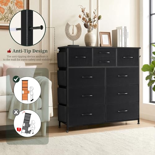Dresser for Bedroom with Side Pockets and Hooks, 10 Drawers Storage Organizer Chest of Drawers, Sturdy Metal Frame for Living Room, Hallway, Closet, Black - color: Black