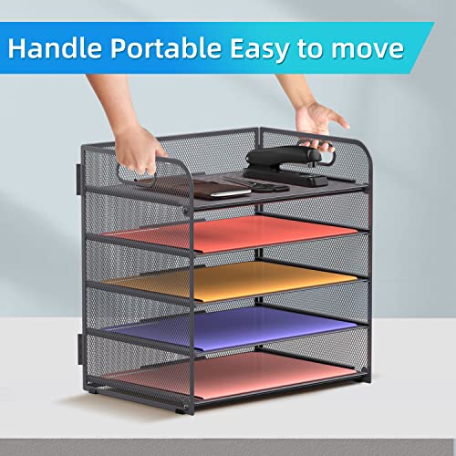 Supeasy 5 Trays Paper Organizer Letter Tray with Handle-Mesh Desk File Organizer, Grey Paper Sorter Desk Organizer for Office, Home or School - color: Softgray