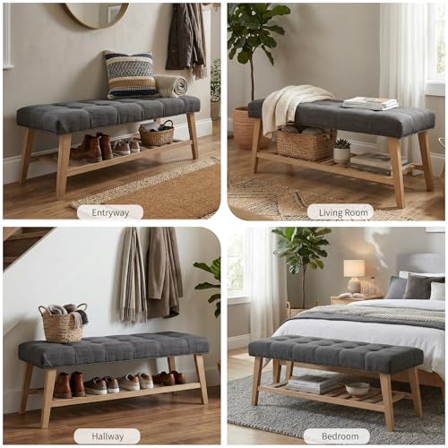 Farmhouse Storage Entryway Bench with Shoe Shelf, Linen Fabric Upholstered 2 Tier Button Tufted Bench with Wooden Frame for End of Bed/Hallway/Reception/Living Room, Charcoal - color: Charcoal