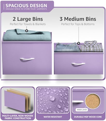 Sorbus Kids Dresser with 5 Drawers - Storage Chest Organizer Unit with Steel Frame, Wood Top & Handles, Tie-dye Fabric Bins for Clothes - Wide Furniture for Bedroom Hallway Kids Room Nursery & Closet - color: Purple, style: 5-Drawer