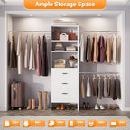 Homieasy 96 Inches Closet Organizer System, 8FT Customizable Walk In Closet Organizer with Hanging Rods, 3 Drawers Garment Rack with Leather Handle , 96" L x 16" W x 75" H, Max Load 1000 LBS, White - color: White