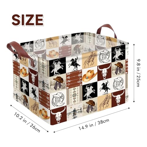 Western Cowboy Storage Basket Waterproof Canvas Toy Storage Bin Western Home Decor Collapsible Outdoor Basket with Leather Handles Western Decor Blanket Baskets For Closets,Bedrooms,Gifts Baskets - color: Western Cowboy
