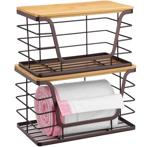 ALOCEO 2 Pack Stackable Wire Storage Basket with Bamboo Lip, Trash Bag Dispenser Under Sink for 4-13 Gal Bags, Kitchen Storage Bins for Potato and Onion, Brown - color: 2-pack - Xl&l Brown