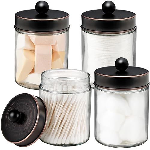 Amolliar 4Pc Apothecary Jars Bathroom Vanity Storage Organizer-Countertop Canister & Stainless Steel Lids &Cute Stickers -Qtip Dispenser Holder for Qtips,Cotton Swabs,Makeup Sponge(Oil Rubbed Bronze) - color: Oil Rubbed Bronze