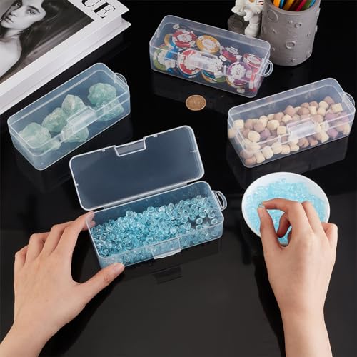 BENECREAT 4 Packs Rectangle Plastic Container Box, 6.4x2.6x1.8inch Clear Storage Organizer with Hinged Lid and Hanging Hole for Small Craft Accessories Office Supplies - size: 6.4x2.6x1.8inch