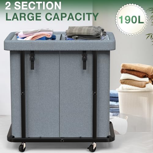 50 Gal(190L) High Grade Large Laundry Basket with Wheels, Rolling Laundry Hamper, Laundry Cart with Metal Frame and Removable Bag Design, Suitable for Laundry Room, Bedroom (Grey, 2 Section 190L) - color: Grey, size: 2 Section 190L