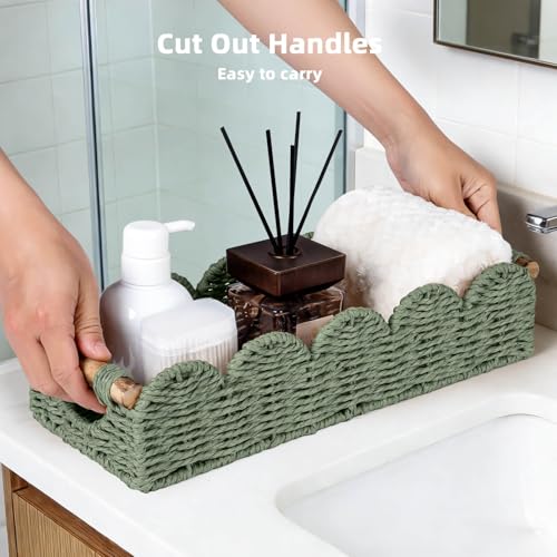 CubesLand Bathroom Basket Organizer w/Cut Out Handle, Back of Toilet Paper Storage Baskets Tray for Bathroom Countertop Decorative, Scalloped Wicker Basket Also for Home Decor, Living Room, Green - color: Green