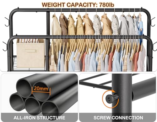 Double Rods Clothes Rack Clothing Rack with 4 Tier Storage Shelves Clothes Rack for Hanging Clothes Multifunctional Heavy Duty Clothes Organizer with Hooks for Bedroom,Wardrobe Closet,Shop,Black - color: Black