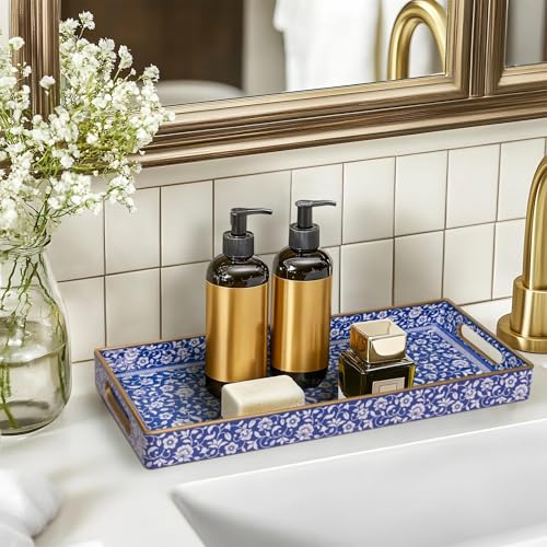 MAONAME Blue Vanity Tray, Bathroom Counter Tray, Plastic Decorative Trays with Handles, Storage Dresser Trays Organizer for Toilet Tank, Jewelry, Makeup, 13.8" x 6" x 1.57" - color: Bohemian-8