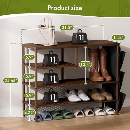 Bamboo Shoe Rack, 4 Tiers Shoe Organizer for Closet, Shoes Storage for 20-24 Pairs, Freestanding Shoe Shelf with Removable Pocket for Entryway Bedroom Front Door Dorm, Walnut Brown - color: Walnut Brown