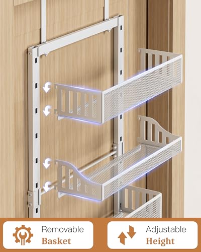 POKIPO Over the Door Pantry Organizer 8-Tier, Large Metal Door Spice Rack with Adjustable Basket, 2 in 1 Wall Mount or Hanging Heavy-Duty Pantry Door Storage Shelf for Kitchen and Bathroom, White - color: White