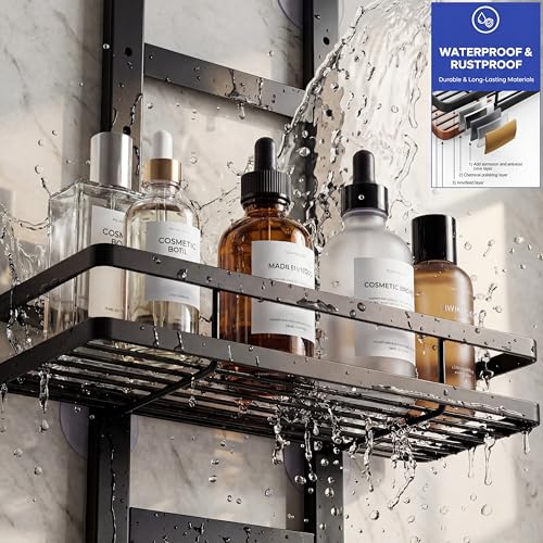 Over the Door Shower Caddy Hanging, Rustproof Shower Shelves with Waterproof Phone Pouch, 2-Tier Adjustable Bathroom Organizers and Storage, No Drilling Shower Shelf, Black Shampoo Soap Holder - size: 2 Tier