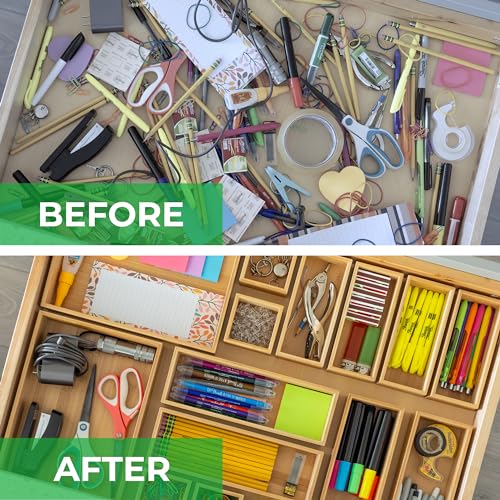 Grow Forward Bamboo Drawer Organizer Boxes - Set of 14 Wooden Drawer Organizers for Kitchen, Bathroom, Office, Desk, Vanity, Makeup - Non-Slip Junk Drawer Organizer Trays for Storage and Organization - size: 14-piece
