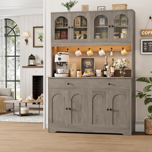 HIFIT 71" LED Kitchen Pantry Cabinet with Power Outlet, Large Kitchen Hutch Storage Cabinet with Arched Door, Shelves, 2 Drawer, Tall Farmhouse Coffee Bar w/Hutch for Home Dining Living Room, Ash Grey - color: Ash Grey
