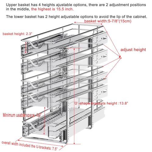 DINDON Pull Out Cabinet Organizer (7-1/2" W x 21-1/2"D), Cabinet Pull Out Shelves, 2 Tier Pull Out Drawers for Kitchen Cabinets, Wire Basket Slide Out Shelf for Cabinet Organization - size: 7-1/2"W X 21-1/2"D
