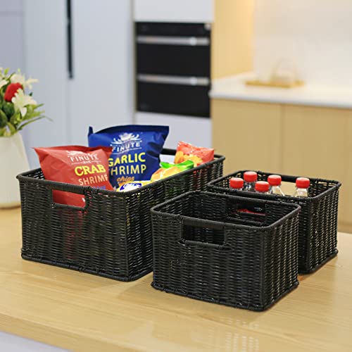 HOONEX Large Wicker Baskets for Storage, Woven Plastic With Dual Handles, Set of 3, Black - color: Black, size: 17"D x 12.2"W x 7.5"H