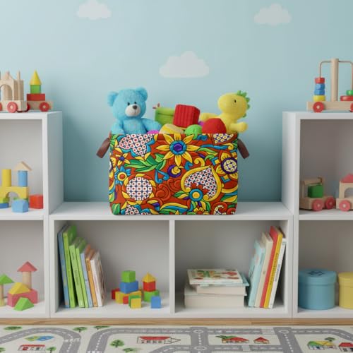 Mexican Talavera Storage Basket Waterproof Canvas Toy Storage Bin Mexican Decor Collapsible Outdoor Basket with Leather Handles Talavera Decor Blanket Baskets For Closets,Bedrooms,Gifts Baskets - color: Mexican Talavera