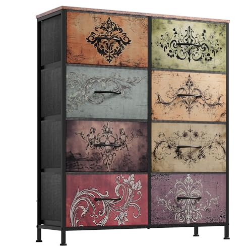 WLIVE Fabric Dresser for Bedroom, Tall Dresser with 8 Drawers, Storage Tower with Fabric Bins, Double Dresser, Chest of Drawers for Closet, Playroom, Dormitory, Pattern - color: Pattern, style: General