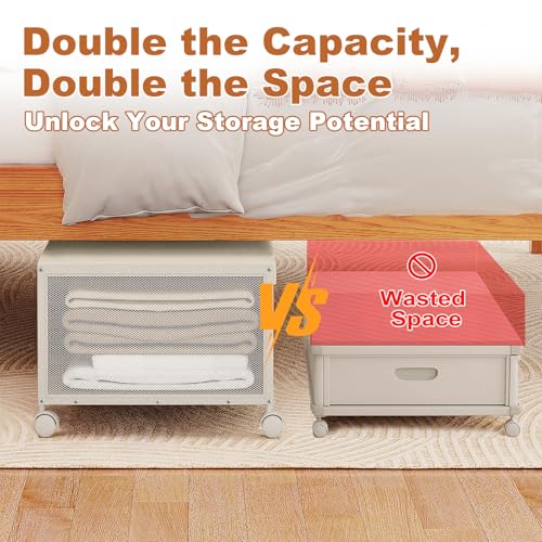 2 Pack Under the Bed Storage Containers,12 inch Height Under Bed Shoe Storage,31inch Long Underbed Storage with Wheels,Large Rolling under bed Clothes Storage Drawers with Lid for Dorm Tall,Ivory - color: Ivory, size: 2PC (31"Lx17"Wx12"H)