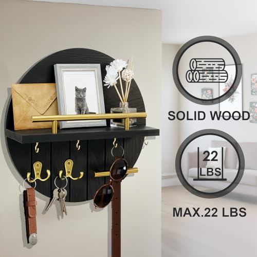 OurWarm Key Holder Wall Mount, 11.8 Inch Black Decorative Key and Mail Holder Organizer with 8 Key Hooks, Round Wooden Key Rack Key Hanger with Shelf for Wall Entryway Boho Home Decor