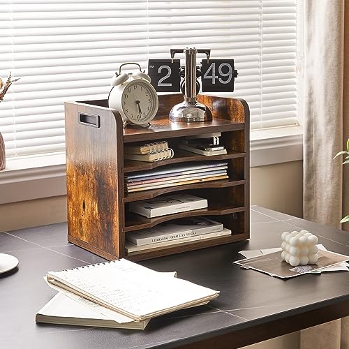 YMYNY Desktop File Organizer with Handle, Document Letter Mail Tray Sorter with 3 Adjustable Shelves, 5 Tiers Paper Holder for School Home Office Desk, Rustic Brown,13.4 * 12.4 * 9.06" UHBC006H - color: Rustic Brown
