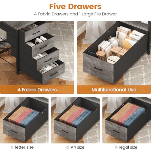 SEDETA 75'' Computer Desk with 5 Drawer, Power Outlet & Led Lights, Home Office Desk with File Drawer, Storage Shelves, Printer Cabinet and Monitor Shelf, 23.6" W Large Desktop Gaming Desk, Grey - color: Grey, size: 75X23.6inch