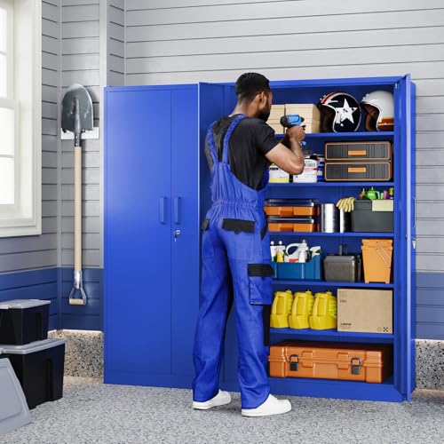 Yizosh Metal Garage Storage Cabinet with 2 Doors and 5 Adjustable Shelves - 71" Steel Lockable File Cabinet,Locking Tool Cabinets for Office,Home,Garage,Gym,School (Blue) - color: Blue, size: 71"H x 32"W x 16"D-A