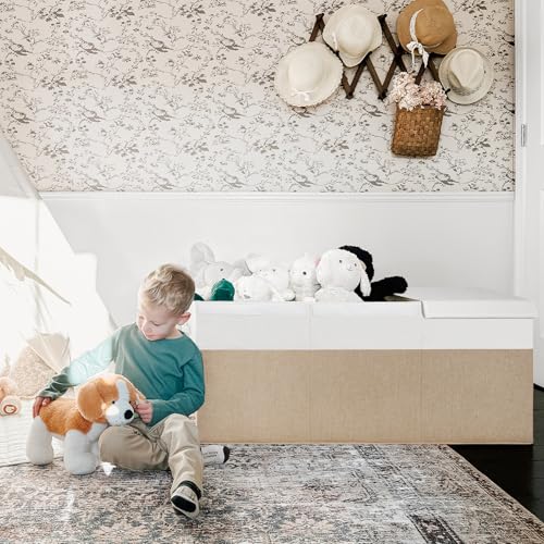 INDRESSME 185L Extra Large Toy Box, Toy Storage Organizer Collapsible Storage Bins with Lids Toy Chest for Playroom, Living Room, Toy Baskets Storage Kids, Boys Girls 39" x 17" x 17" (Beige & White) - color: Beige & White, size: 39"x17"x17"
