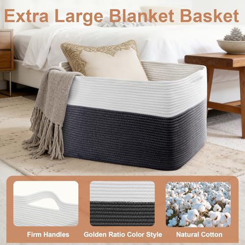 105L XXXL Large Blanket Basket, Rectangular Cotton Rope Basket, Laundry Hamper for Blankets, Pillows, Extra Large Toys Storage Bins for Kids, Dogs 25" x 16" x 16", White & Black - color: Black & White, size: 25" x 16" x 16"