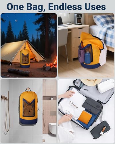 Laundry Bag with Shoulder Straps and Mesh Pocket Laundry Backpack Large Portable Laundry Hamper for College Laundromat Apartment - color: Yellow & Blue