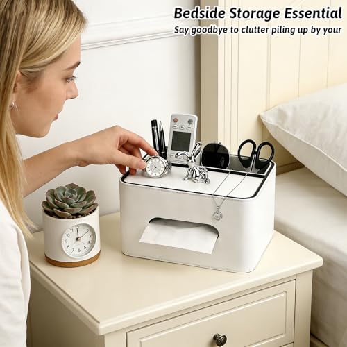 PU Leather Tissue Box Cover Square - Multifunctional Tissue Box Holder with Storage, Tissue and Remote Control Holder Organizer with Compartments for Bedroom Nightstand, Desk, Living Room (White) - color: White