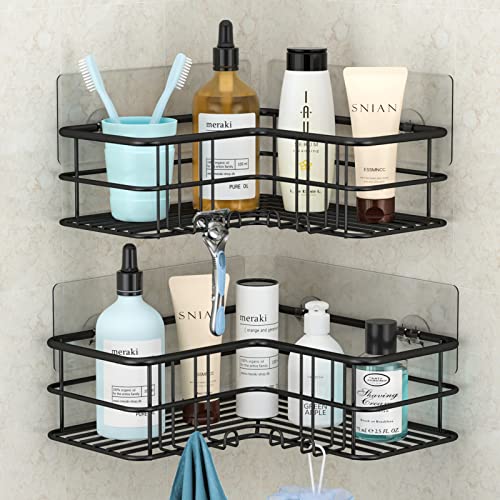 Menbyci Black Shower Caddy Corner Bathroom Shower Shelf, Rust Proof Bathroom Organizer Accessories, Adhesive Shower Basket Storage Rack Shampoo Holder Wall Organization, 2 Pack - color: Black, size: 2 packs
