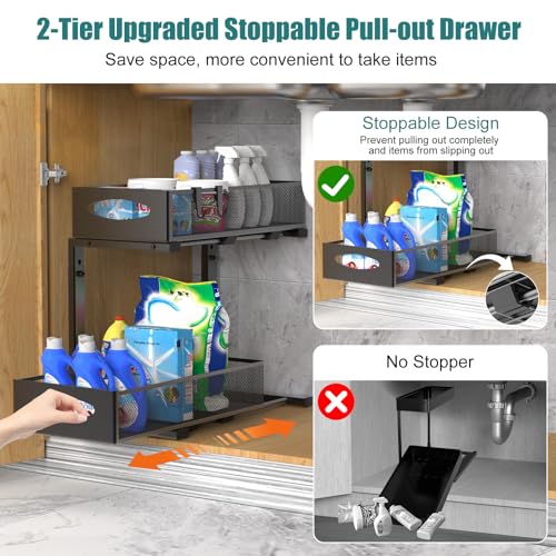 Housolution 2 Pack Under Sink Organizer, 2 Tier Metal Pull Out Under Sink Storage with Sliding Mesh Drawers, Height Adjustable Slide Out Under Sink Organizer for Kitchen Bathroom Cabinet, Black - color: Black, size: 2 Pack, Medium-8.85in Wide